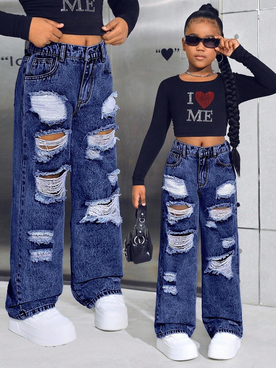 SHEIN Jeans anchos con efecto desgastado para niñas preadolescentes - Azul lavado oscuro - Ver 1