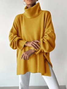 EURMUSE Women's Solid Color Turtleneck Batwing Sleeve Sweater With Side Slits - Mustard Yellow - View 3