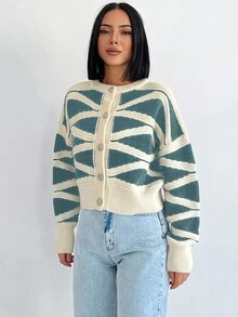 SHEIN Cottnline Colorblock Button Front Drop Shoulder Cardigan - Mint Green - View 3