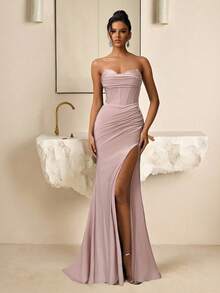 Vowa Glamorous Sexy Strapless Neckline Decor Boned Bodycon Fish Tail Slit Maxi Dress, Evening Gown - Dusty Pink - View 1
