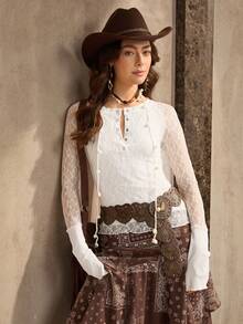 Wildy 波西米亚浪漫度假蕾丝衬衫，圣诞派对，新款长袖 T 恤，街头时尚美式乡村西部休闲长袖