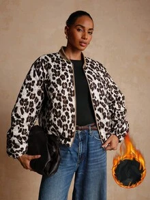 Vesra Nuovo cappotto imbottito da donna in stile casual e alla moda per l'autunno/inverno, con collo rotondo, cerniera metallica, motivo trapuntato a diamanti leopardato - Multicolore - Visualizzare 3