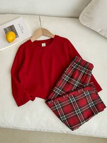 SHEIN Conjuntos a juego para la familia de hermanas, pijamas casuales de pantalón y parte superior de manga corta y cuello redondo a cuadros para niñas pequeñas, adecuados para otoño/invierno, Navidad, fiesta de Navidad - Rojo - Ver 4