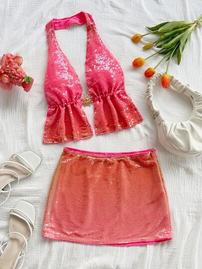 SHEIN x Eduarda Gutierrez Soleia Women's Sleeveless Ruffled Sequin Decorated 2 Pieces Set Women's Summer Set Women Costume  Beach Outfit For Women Vacation Outfits For Women Casual Sequin Party