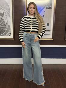 Cioccolato 女士时尚蓝色直筒牛仔裤，带珍珠和口袋 - 藍色 - 查看 6