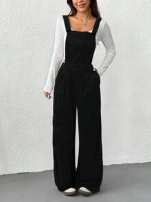 SHEIN EZwear 女式黑色简约休闲连体裤，秋季 - 黑色 - 查看 3