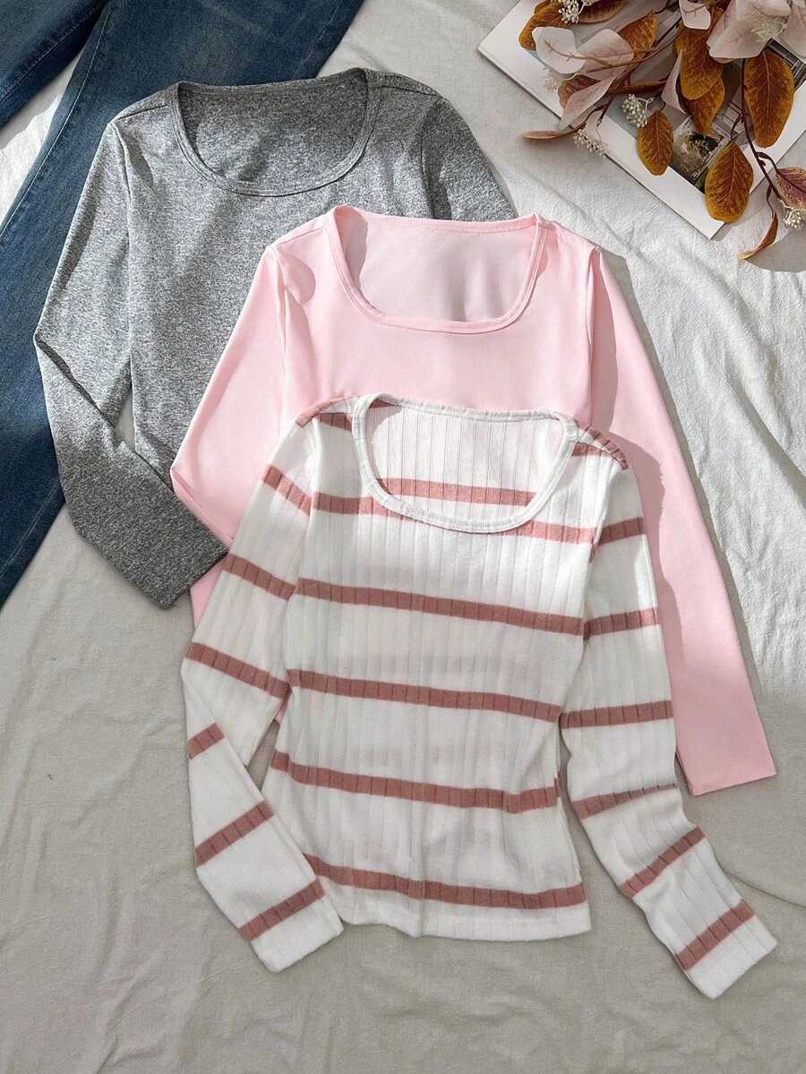 3pcs/Set Tween Girls Casual All-Match Versatile Ribbed Crew Neck Ribbed Long Sleeve T-Shirts, Autumn/Winter - Multicolor - View 1