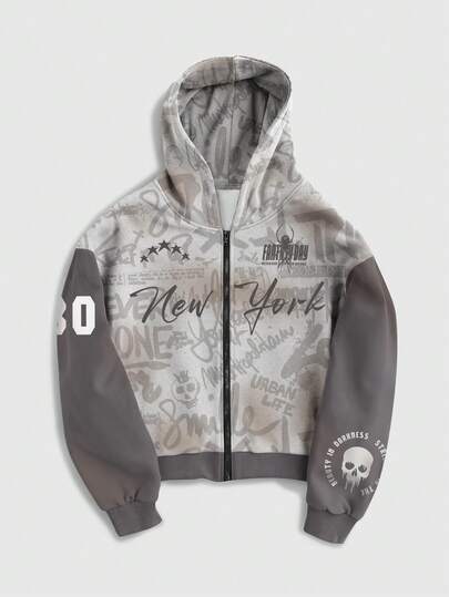 Street Life Sudadera con capucha con cremallera, de manga larga, con bloque de color y estampado de letras para hombre