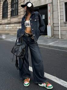 DAZY 女士牛仔夹克，带领子搭配直筒牛仔裤，休闲牛仔套装，Y2K风格 - 深色水洗藍 - 查看 1