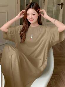 DAZY Camisón largo y holgado para mujer con mangas raglán y decoración gráfica - Caqui - Ver 4