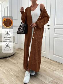 EURMUSE Cable Pattern Sweater Maxi Cardigan - Brown - View 1