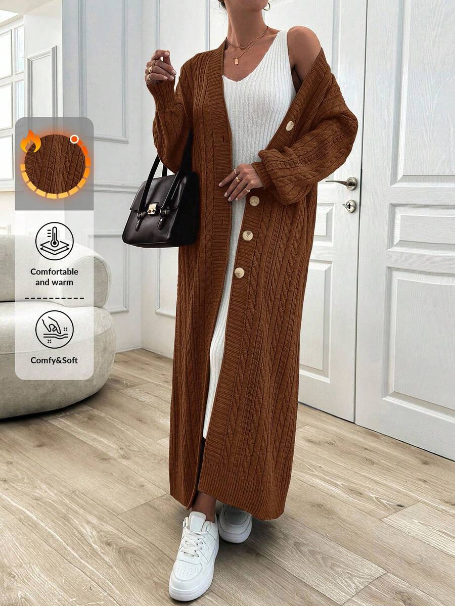 EURMUSE Cable Pattern Sweater Maxi Cardigan - Brown - View 1