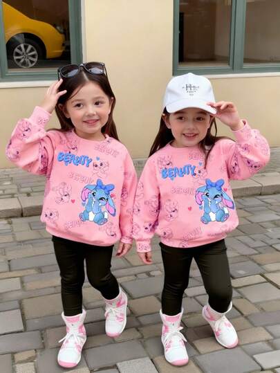 2pcs/Set Cute Sweet Baby Girls Casual Rabbit & Heart Pattern Knit Soft Crew Neck Long Sleeve Sweatshirt And Leggings Set, Suitable For Autumn/Winter, Comfortable, Fashionable Casual Outfit, Ideal For Halloween, Back To School, Outdoor, Photography, Home, Campus, Holidays, Gifts