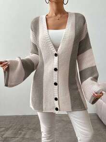 SHEIN Cárdigan Para Mujer Con Mangas De Murciélago En Bloques De Color Y Sin Cinturón - Marrón Mocha - Ver 5