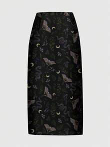 ROMWE Goth Falda con abertura alta con estampado de plantas, polillas, serpientes, luna y hojas con estrellas en estilo gótico y misterioso Mori para mujeres - Negro - Ver 2
