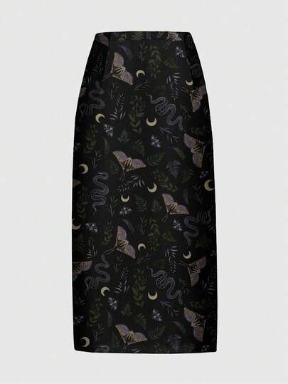 Goth Jupe fendue haute avec imprimé feuille de plante, papillon de nuit, serpent, lune et étoile dans un style gothique mystérieux mori pour femmes