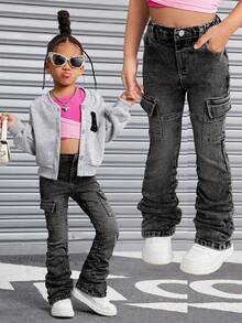 SHEIN Jeans azules de mezclilla elástica con pliegues para niña joven SLAYR - Negro - Ver 1