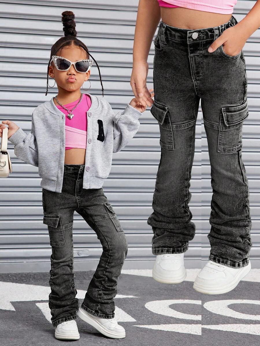 SHEIN Jeans azules de mezclilla elástica con pliegues para niña joven SLAYR - Negro - Ver 1