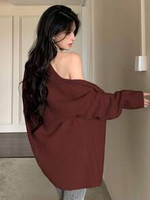 DAZY 2pcs Women's Elegant Solid Color Camisole Cardigan Sweater Set, Autumn - Burgundy - View 2