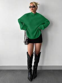 EURMUSE Mock Neck Drop Shoulder High Low Hem Sweater - Green - View 7