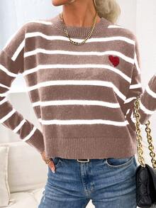 Cloudara Jersey de rayas & con patrón de corazón de hombros caídos - Rosa - Ver 6