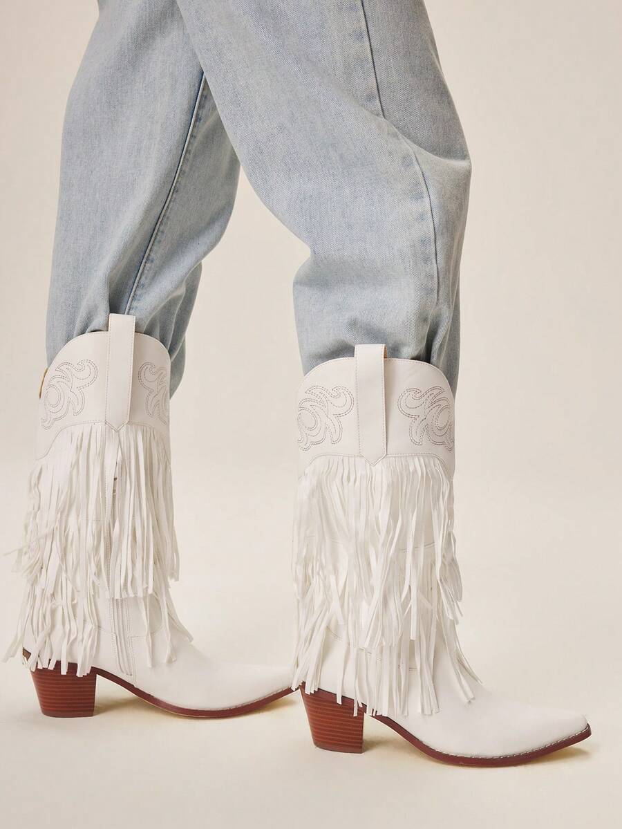 Styleloop Women's Western Boots, Boho Style, Retro American Style, Bohemian, Western Music Festival, Party, Christmas, Halloween Outfit Valentine's Day - White - View 1