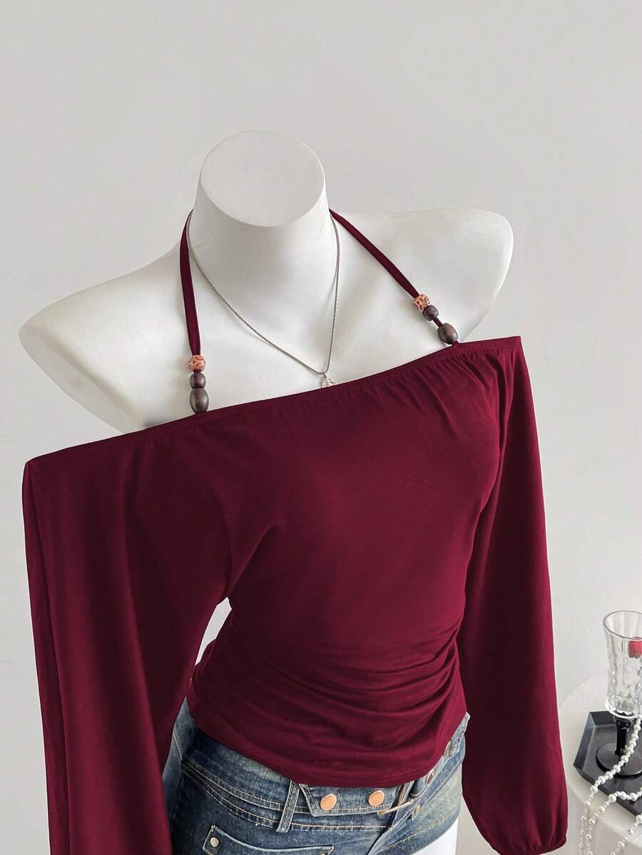 Elamini 黑色串珠装饰露肩长袖宽松上衣，优雅简约的设计，适合工作、休闲、派对，适合秋冬季 - 酒紅色 - 查看 1