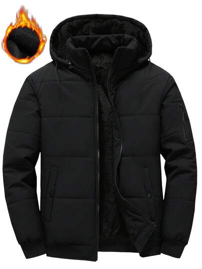 Manfinity Homme Men's Plus Size Thermal Lined Thermal Lined Hooded Zip-Up Long Sleeve Padded Coat, Winter Men Winter Coat Men Puffer Coat Men Outerwear Coat For Man Winter Coat