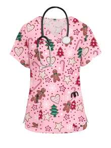 PopScrub Set Seragam Medis Wanita Atasan dan Celana Panjang Lengan Pendek Leher V dengan Motif Kartun Manusia Kue Jahe, Kado, Pohon Natal & Bintang Hati - MultiWarna - View 4