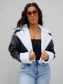 SAYEHFBABY Teddy Lined Crop PU Leather Jacket In Fall/Winter - Black - View 1