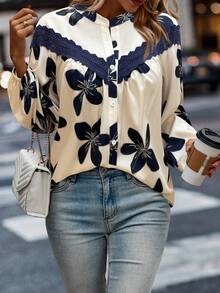 EMERY ROSE Plus Size Women Casual Printed Contrast Color Long Sleeve Shirt - Multicolor - View 3