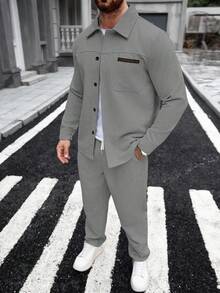 Manfinity Homme Men's Pocket Shirts & Elasticated Waistband Pants 2 Pieces Men Outfit Men Suit Set Grey, For Winter - Grey - View 7