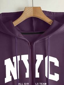 SHEIN 女士连帽拉链卫衣，字母图案，休闲外套，适合教师、返校、毕业、日常穿着、冬季外套，时尚百搭，女士连帽长袖卫衣 - 紫色 - 查看 4