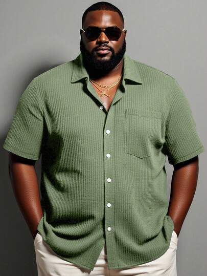 Manfinity Homme Plus Size Men's Casual Solid Color Short Sleeve Shirt, Summer