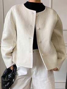 DAZY 女士圆领短款休闲羊毛混纺外套，时尚秋冬女式外套 - 米色 - 查看 7