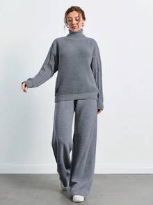 SHEIN Tall Turtleneck Drop Shoulder Sleeve Sweater And Pants Set - Light Grey - View 4
