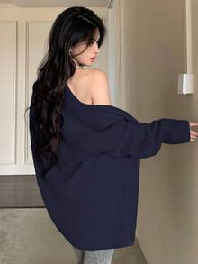 DAZY 2 件套女士优雅纯色吊带背心开衫套装，秋季 - 藏蓝色 - 查看 2