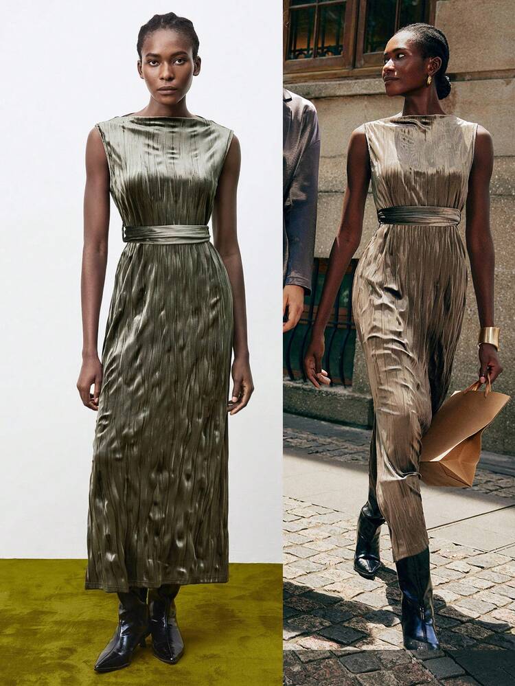 SHEIN Maija Elegant Waist-Cinched Sleeveless Women's Long Dresses , Fall Clothes For Women, Fall Dresses, Winter Dress, Christmas Dress  Saudi National Day , National Day Dress, Long Party Dresses,Elegant Dresses ,Going Out Outfits, Graduation Dresses,Prom Dress,Green Dress , Chic Evening Dress,Old Money Style,Belted Design