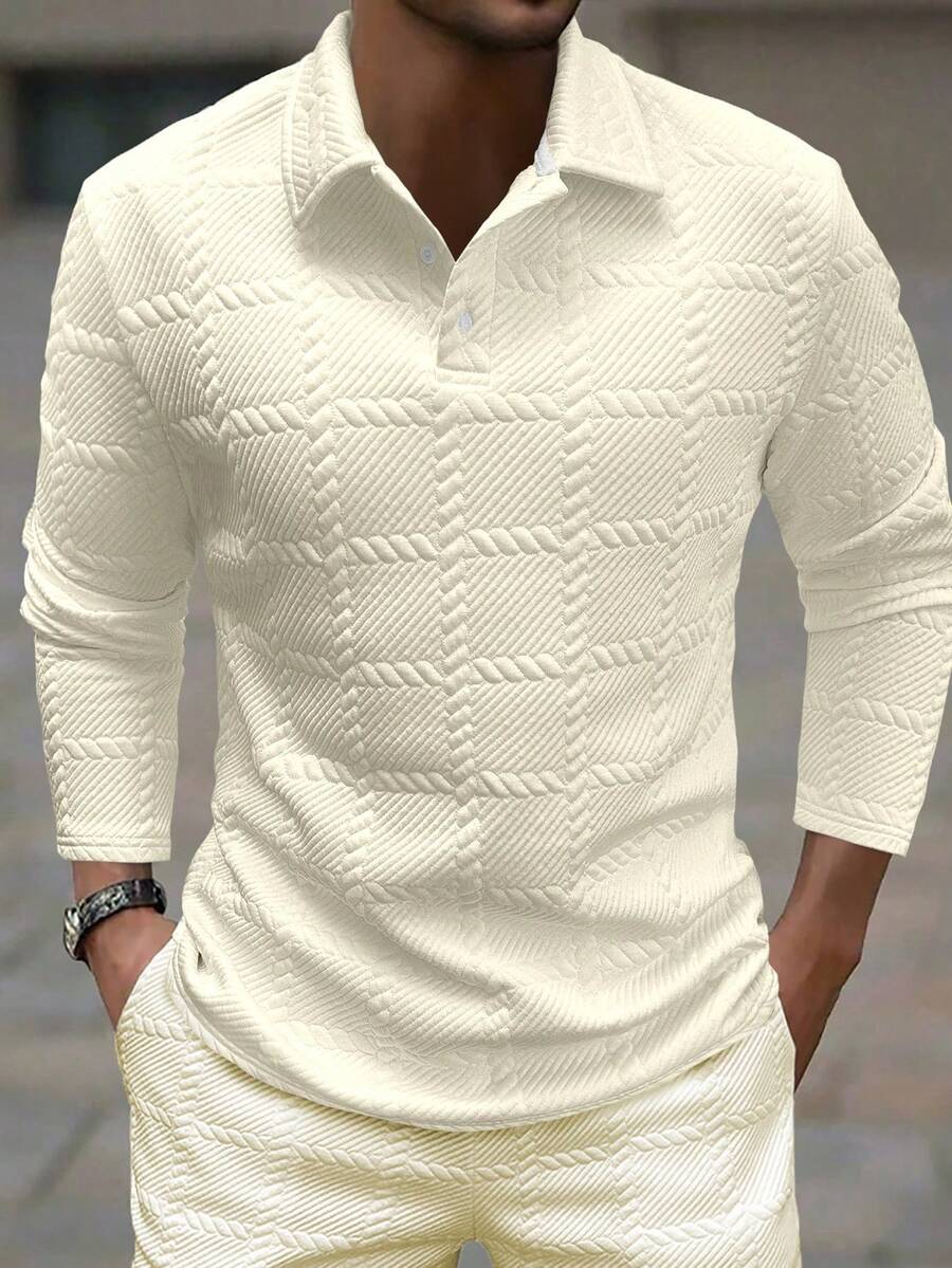 Manfinity Homme Men's Jacquard Fabric Button Placket Long Sleeve Polo Shirt, Spring And Autumn,White Button Up Men Polo Shirt - Apricot - View 1