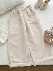 Genkimix Kids Tween Girls Thickened Corduroy Ruffle Waist Pocket Casual Straight Leg Pants Winter White Pants Pants Cute Kid Wide Leg Pants Girls Cotton Pants Girls Khaki School Pants Girl Uniform Pants