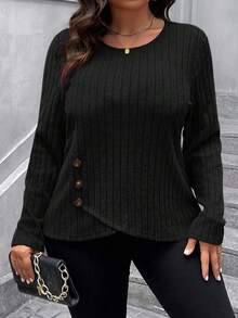 SHEIN LUNE Plus Size Women's Solid Color Round Neck Button Design Ribbed Texture Long Sleeve T-Shirt - Black - View 5