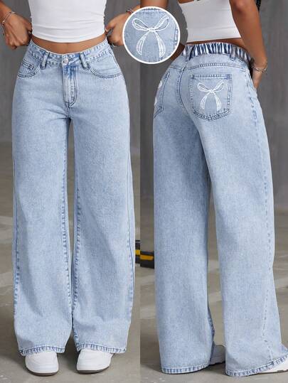 Tween Girls Y2K Casual Light Washed Casual Embroidered Boyfriend High Waist Denim Jeans With Bow Embroidery Design,Halloween Outfits,Fall Clothes,Christmas Pants,Fall Outfits,Girls Fall Winter Back To School Homecoming Jeans,Girls Pants Streetwear Vintage Outfits,Comfortable And Versatile, For 8-12 Years Old Girls, Suitable For School, Home And Travel,EMBROIDERY JEANS PANTS, Baggy Jeans Y2k, Boyfriend Jeans, Wide Leg Jeans Girls, Barrel Jeans Girls, Letter Pattern Jeans