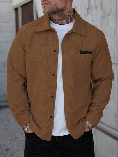 Manfinity Homme Veste chemise pour hommes, veste chemise à manches longues et boutons devant avec poches, simple, pour un port casual quotidien. Veste pour hommes, veste chemise pour hommes, veste d'automne et d'hiver pour hommes, cadeau pour petit ami, veste casual en velours côtelé à manches longues et doublure flanelle pour sortir et se réchauffer