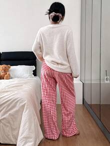 女士清新舒适长袖圆领上衣，饰有蝴蝶结刺绣，搭配格子裤睡衣套装，女士睡衣套装，蓬松冬季服装 - 彩色 - 查看 2