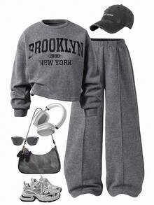 Sparklyn 2 件套青少年女孩休闲宽松花卉印花短款宽松运动衫 + 松紧腰阔腿裤套装，百搭杏色 - 灰色 - 查看 3