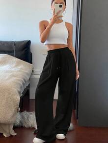 DAZY Women's Solid Color Straight Loose Pocket Drawstring Elastic Waist Sweatpants - Black - View 5