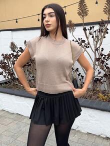 Andrea Bello Women's Casual French Style Loose Short Sleeve Knitted Top, Versatile For Daily Wear Fall Tops,Knitted Sweater - Apricot - View 6