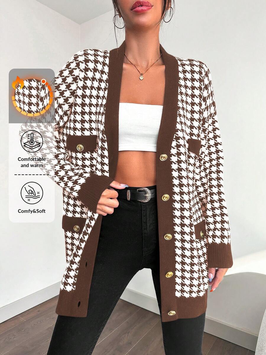 EURMUSE Của phụ nữ Họa tiết Nanh sói Nút xuống Áo len Mở - màu nâu - Xem 1