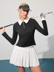 CourtClass 2pcs Women's Golf Outfit - Contrast Color Polo Neck Long Sleeve Top And Pleated Skirt
