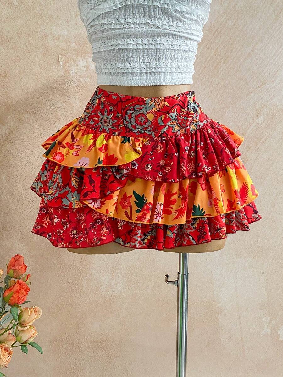 Soleia Falda plisada con estampado retro de flores de anacardo y flores, adecuada para vacaciones, falda burdeos elegante, estampado bohemio tropical brasileño, ropa de mujer estilo boho, atuendo occidental de concierto para mujer